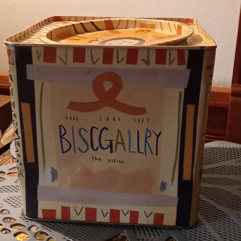 Biscgallery Japanese Artist "Hibino"Square Storage Vintage tin box with lid .